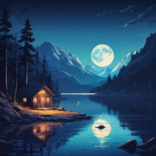 moonlit night,landscape background,house with lake,moonlight,lonely house,evening lake,moonlit,night scene,small cabin,home landscape,the cabin in the mountains,world digital painting,moon and star background,tranquility,moonrise,cottage,house by the water,summer cottage,romantic night,moon night,Conceptual Art,Fantasy,Fantasy 02