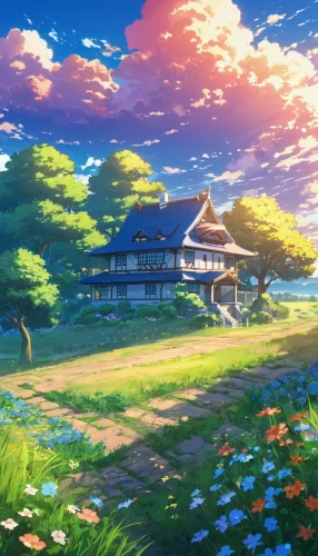 violet evergarden,studio ghibli,ginkaku-ji,sakura background,japanese sakura background,landscape background,blooming field,idyllic,spring background,springtime background,clover meadow,home landscape,beauty scene,summer meadow,summer evening,spring morning,tsukemono,background images,芦ﾉ湖,meadow landscape,Illustration,Japanese style,Japanese Style 03