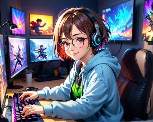 girl at the computer,phuquy,girl studying,artist portrait,twitch icon,lan,game illustration,gamer,edit icon,honmei choco,streaming,vector art,portrait background,xiangwei,fan art,streamer,vector girl,world digital painting,twitch logo,vector illustration,Anime,Anime,General