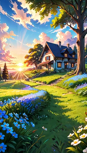 home landscape,landscape background,summer cottage,beautiful home,meadow landscape,spring morning,beautiful landscape,country cottage,country house,springtime background,cottage,rural landscape,country estate,countryside,spring background,salt meadow landscape,roof landscape,farm house,nature landscape,full hd wallpaper,Anime,Anime,General