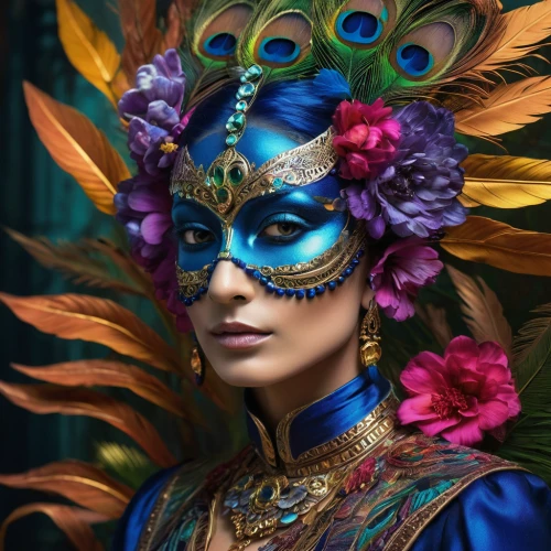 venetian mask,masquerade,the carnival of venice,fairy peacock,brazil carnival,peacock,sinulog dancer,asian costume,headdress,blue peacock,balinese,golden mask,blue enchantress,bodypainting,body painting,masque,fantasy portrait,feather headdress,peacock eye,headpiece,Photography,Artistic Photography,Artistic Photography 08