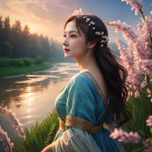 mulan,fantasy picture,fantasy portrait,jasmine blossom,mystical portrait of a girl,fantasy art,fairy tale character,romantic portrait,world digital painting,landscape background,beautiful girl with flowers,girl on the river,enchanting,a beautiful jasmine,jasmine flower,oriental princess,way of the roses,jasmine,beauty scene,girl in flowers