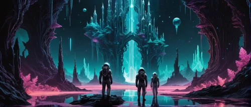 chasm,blue cave,alien world,guards of the canyon,neon ghosts,underworld,the blue caves,blue caves,stalagmite,travelers,ice planet,descent,barren,ice cave,cave,mirror of souls,vast,fallen giants valley,lagoon,alien planet,Illustration,Realistic Fantasy,Realistic Fantasy 46