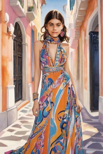 girl in a long dress,girl in a historic way,italian painter,girl in cloth,oil painting on canvas,boho art,a girl in a dress,radha,girl with cloth,oil painting,gypsy soul,fashion illustration,art painting,girl walking away,fantasy art,woman walking,gipsy,mystical portrait of a girl,indian girl,world digital painting