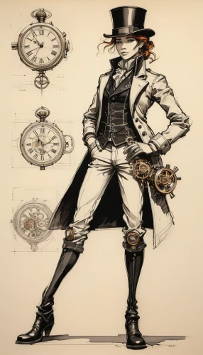 steampunk,steampunk gears,ringmaster,clockmaker,hatter,stovepipe hat,watchmaker,clockwork,costume design,top hat,pocket watch,velocipede,magician,aristocrat,gunfighter,suit of spades,mechanical watch,the hat-female,bellboy,pocket watches,Illustration,Black and White,Black and White 08
