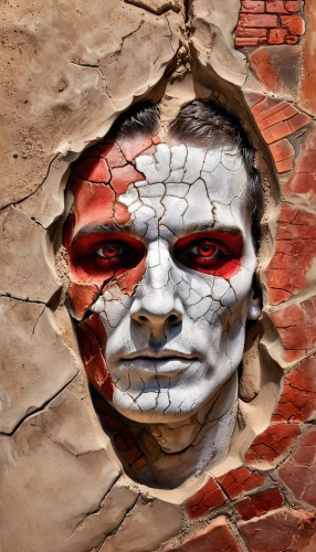 image manipulation,torn paper,bricklayer,jigsaw,photo manipulation,brick wall background,brick background,tear-off,rockface,rough plaster,portrait background,death mask,corroded,clay mask,photoshop manipulation,two face,digital compositing,photomanipulation,photomontage,covid-19 mask,Illustration,Paper based,Paper Based 24