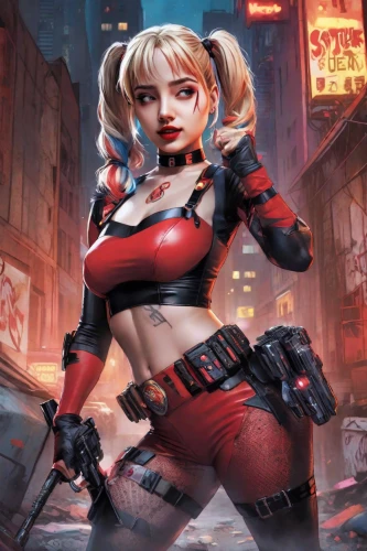 harley quinn,harley,bad girl,katana,femme fatale,birds of prey-night,dead pool,renegade,rockabella,comic book,game illustration,red hood,super heroine,hard woman,barb wire,girl with gun,piper,queen of hearts,birds of prey,two-point-ladybug