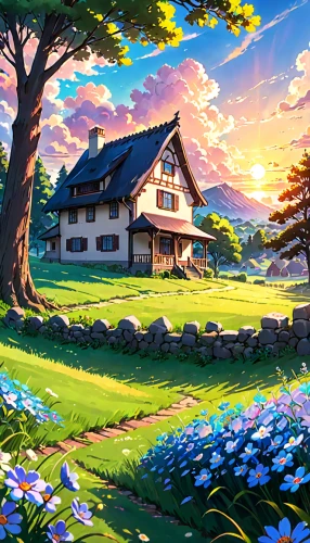 home landscape,landscape background,studio ghibli,summer cottage,cottage,countryside,country cottage,springtime background,meadow landscape,beautiful home,rural landscape,lonely house,farmhouse,spring morning,country house,world digital painting,farm house,little house,japan landscape,country estate,Anime,Anime,Traditional