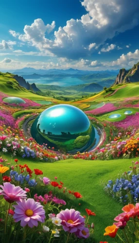 cosmos field,alien planet,alien world,futuristic landscape,flower dome,mushroom landscape,fairy world,saucer,springtime background,cartoon video game background,planet alien sky,blooming field,planet eart,spring background,landscape background,cosmos,terraforming,golf course background,ufo,tomorrowland,Photography,Fashion Photography,Fashion Photography 04