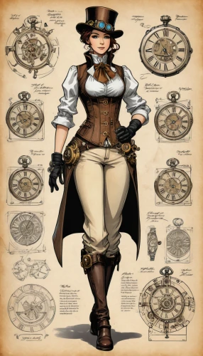 steampunk,steampunk gears,clockmaker,velocipede,hatter,the hat-female,watchmaker,caravel,ringmaster,overskirt,cog wheels,cogwheel,sextant,stovepipe hat,victorian fashion,harmonia macrocosmica,gunfighter,investigator,costume design,game illustration,Unique,Design,Character Design