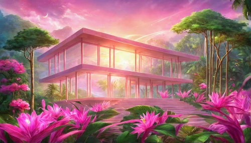 tropical house,tropical bloom,greenhouse,greenhouse cover,conservatory,palm house,pink dawn,modern house,paradiso,tropical flowers,beautiful home,frame house,tropics,tropical floral background,flower background,contemporary,frame flora,home landscape,cube background,sakura background,Illustration,Realistic Fantasy,Realistic Fantasy 01