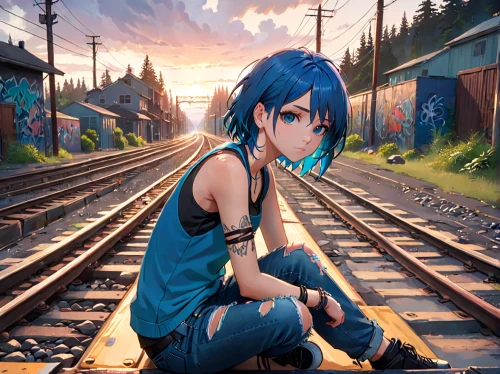 2d,railroad,tracks,railroad track,railway track,track,last train,train,railtrack,hatsune miku,railroad crossing,railway,anime cartoon,the girl at the station,railway tracks,cg artwork,railroad tracks,graffiti,aqua,blue hair,Anime,Anime,Realistic