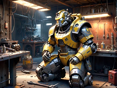 bumblebee,dewalt,yellow machinery,mech,scrap iron,industrial robot,welder,gunsmith,machine tool,kryptarum-the bumble bee,scrap dealer,robotics,fallout4,stud yellow,warehouseman,war machine,steel man,engineer,mecha,mechanic,Anime,Anime,General