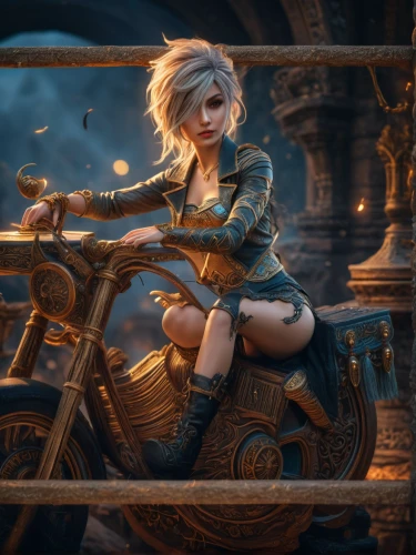 fantasy picture,fantasy art,tiber riven,girl with a wheel,biker,fantasy portrait,steampunk,full hd wallpaper,game illustration,motorbike,3d fantasy,elza,chariot,alice,motorcycle,woman bicycle,fairy tale character,fable,french digital background,cg artwork,Photography,General,Fantasy