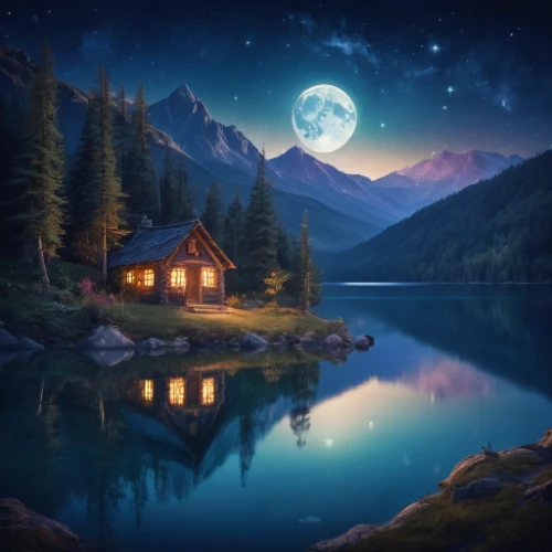 house with lake,moonlit night,landscape background,home landscape,fantasy picture,lonely house,summer cottage,night scene,the cabin in the mountains,fantasy landscape,cottage,small cabin,romantic night,world digital painting,little house,moon and star background,moonlight,moonlit,house by the water,tranquility