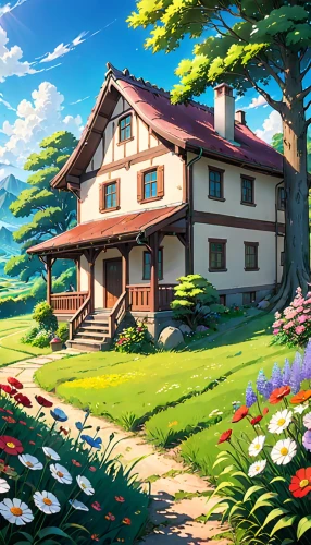home landscape,summer cottage,little house,studio ghibli,cottage,beautiful home,country house,lonely house,house painting,country cottage,small house,house in the forest,houses clipart,farmhouse,wooden house,country estate,farm house,springtime background,dandelion hall,house in the mountains,Anime,Anime,General