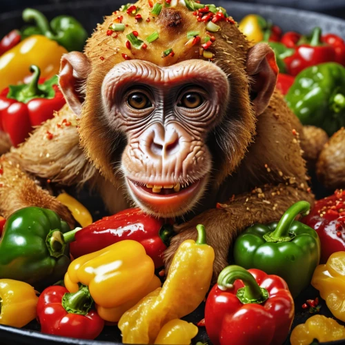 chimpanzee,common chimpanzee,crab-eating macaque,barbary monkey,barbary ape,chimp,vegan nutrition,monkey banana,primate,primates,gorilla,orangutan,uakari,mediterranean diet,mandrill,vegetable salad,bonobo,palm oil,vegetarianism,rhesus macaque,Photography,General,Realistic