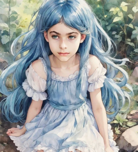 alice,watercolor blue,studio ghibli,child girl,child portrait,child fairy,bluebell,fae,little girl fairy,cinderella,nori,2d,worried girl,anime girl,blue painting,girl portrait,little girl,mystical portrait of a girl,painter doll,girl in the garden