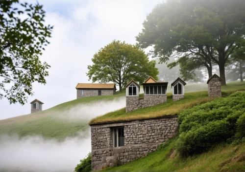 stone houses,house in mountains,mountain huts,mountain settlement,foggy landscape,mountain hut,hill station,house in the mountains,hanging houses,morning mist,alpine pastures,cooling house,home landscape,roof landscape,geothermal energy,mountain village,tuff stone dwellings,hillside,ancient house,grass roof,Photography,General,Realistic