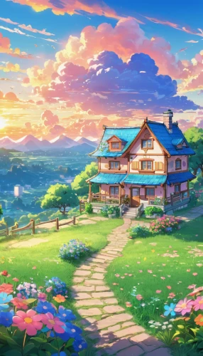 home landscape,studio ghibli,landscape background,summer cottage,aurora village,clover meadow,lonely house,beautiful home,idyllic,cartoon video game background,dandelion hall,springtime background,full hd wallpaper,violet evergarden,blooming field,summer evening,spring background,house in the mountains,little house,cottage,Illustration,Japanese style,Japanese Style 02