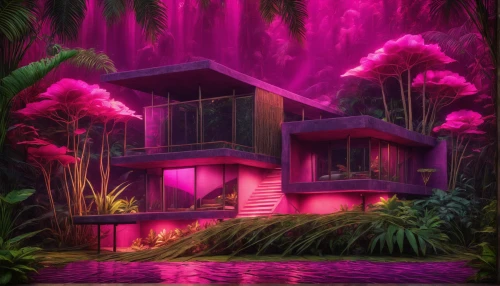 tropical house,pink dawn,house by the water,tropical bloom,florida home,deep pink,pink-purple,aqua studio,aesthetic,purple landscape,tropics,pink grass,house in the forest,palms,palm house,tropical jungle,bungalow,beautiful home,modern house,tropical island,Photography,General,Fantasy