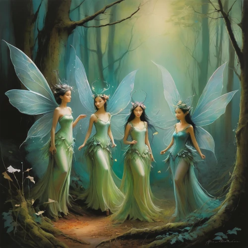 fairies aloft,fairies,vintage fairies,celtic woman,faerie,faery,fairy forest,fairy world,fairy,fantasy picture,fairy queen,angel trumpets,angel's trumpets,fairy lanterns,fantasy art,little girl fairy,elves flight,apollo and the muses,tour to the sirens,child fairy,Illustration,Realistic Fantasy,Realistic Fantasy 16