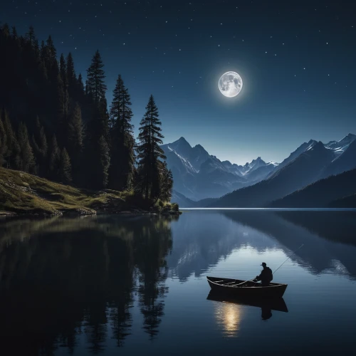 moonlit night,beautiful lake,evening lake,calm water,moonlit,tranquility,mountain lake,moon and star background,floating over lake,calm waters,mountainlake,moonlight,fishing float,night image,high mountain lake,moonrise,peaceful,boat landscape,heaven lake,moon at night,Photography,General,Natural