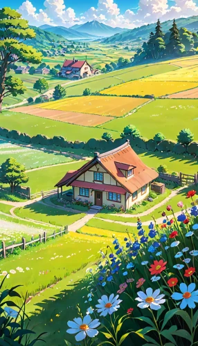 summer meadow,meadow landscape,flower field,home landscape,rural landscape,countryside,farm landscape,summer day,blooming field,flower meadow,studio ghibli,clover meadow,flowers field,field of flowers,the valley of flowers,farm background,springtime background,green meadow,in the early summer,salt meadow landscape,Anime,Anime,Realistic