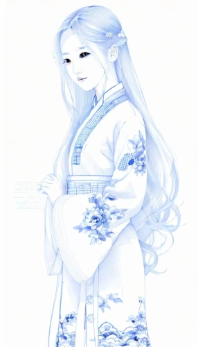 ao dai,hanbok,winterblueher,suit of the snow maiden,kimono,the snow queen,white rose snow queen,white blossom,blue and white,mukimono,lily of the field,junshan yinzhen,jasmine blue,oriental princess,blue white,oriental longhair,watercolor blue,blue and white china,rice paper,girl on a white background,Design Sketch,Design Sketch,Hand-drawn Line Art