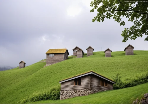 grass roof,alpine pastures,icelandic houses,mountain huts,tuff stone dwellings,roof landscape,roof domes,house roofs,stone houses,turf roof,gable field,hobbiton,huts,thatched roof,thatch roof,danish house,mountain settlement,mountain hut,round hut,faroe islands,Photography,General,Realistic