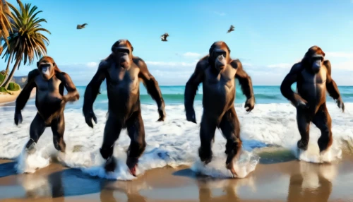 human evolution,great apes,pterodactyls,dolphin bananas,tetrapods,primitive person,primates,penguins,sea monsters,nudism,island residents,landmannahellir,beach background,ape,baboons,sea mammals,donkey penguins,neanderthals,pelicans,the blood breast baboons