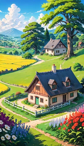 home landscape,countryside,landscape background,springtime background,country estate,country cottage,studio ghibli,rural landscape,farm background,roof landscape,farm landscape,country house,spring background,meadow landscape,alpine village,summer cottage,blooming field,little house,houses clipart,farm house,Anime,Anime,Traditional