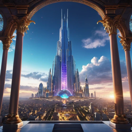 fantasy city,fantasy world,sky city,shanghai disney,skycraper,3d fantasy,futuristic architecture,the skyscraper,lotte world tower,futuristic landscape,skyscraper,excalibur,sky space concept,metropolis,empire,burj,tomorrowland,cinderella's castle,full hd wallpaper,valerian,Photography,General,Realistic