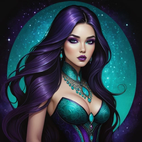 sorceress,zodiac sign libra,fantasy portrait,fantasy art,mermaid vectors,the enchantress,fantasy woman,la violetta,horoscope libra,mermaid background,blue enchantress,fantasy picture,zodiac sign gemini,libra,queen of the night,violet head elf,deadly nightshade,rapunzel,purple lilac,starfire,Illustration,Abstract Fantasy,Abstract Fantasy 19