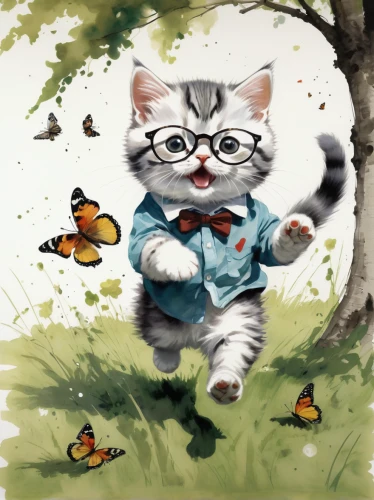 chasing butterflies,tea party cat,cartoon cat,cat cartoon,frolicking,watercolor cat,birman,blossom kitten,cute cartoon image,cats playing,game illustration,oktoberfest cats,whimsical animals,playing outdoors,children's background,cat lovers,kids illustration,drawing cat,little cat,wild cat,Conceptual Art,Oil color,Oil Color 01