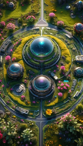 cosmos field,flower clock,traffic circle,roundabout,highway roundabout,oasis,flower dome,futuristic landscape,circle,flora abstract scrolls,blooming field,flower garden,utopian,garden of plants,artificial island,a circle,cosmos,garden of eden,valerian,fairy world,Photography,General,Sci-Fi
