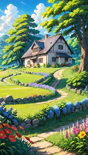 home landscape,summer cottage,cottage,country cottage,countryside,little house,farmhouse,country estate,farmstead,farm house,lonely house,rural landscape,studio ghibli,country house,small house,alpine village,farm landscape,farm,country side,cottages,Anime,Anime,Traditional