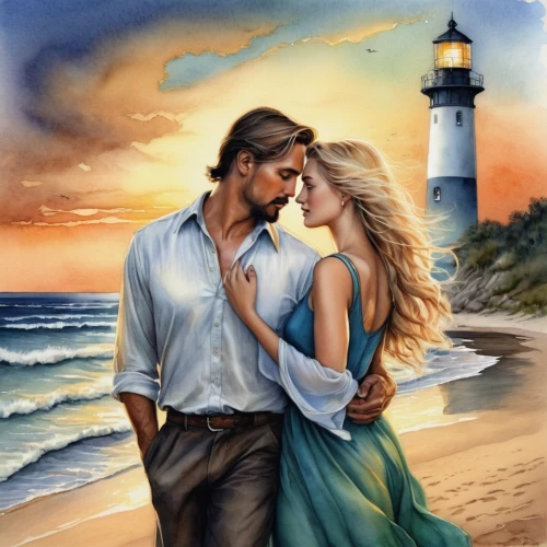 romantic portrait,romantic scene,romance novel,romantic look,beautiful couple,fantasy picture,beach background,loving couple sunrise,sea breeze,amorous,by the sea,young couple,watercolor background,landscape background,love couple,couple in love,sun and sea,sailing ship,sea landscape,honeymoon,Illustration,Realistic Fantasy,Realistic Fantasy 16