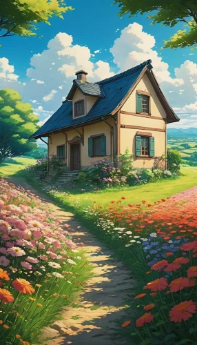 studio ghibli,lonely house,home landscape,little house,beautiful home,summer cottage,small house,cottage,dandelion hall,house painting,house in the forest,country cottage,farm house,house in mountains,bungalow,country house,landscape background,roof landscape,house in the mountains,wooden house,Illustration,Japanese style,Japanese Style 14