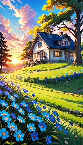 home landscape,summer cottage,meadow landscape,cottage,landscape background,country cottage,beautiful home,salt meadow landscape,spring morning,flower painting,springtime background,rural landscape,summer meadow,country house,country estate,flower meadow,house painting,nature landscape,beautiful landscape,summer evening,Anime,Anime,Realistic