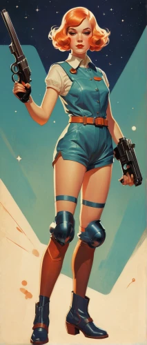 girl with a gun,girl with gun,woman holding gun,retro woman,retro girl,retro women,game art,gunfighter,fallout4,sci fiction illustration,holding a gun,rosa ' amber cover,rockabella,fallout,game illustration,ranger,retro background,bullet,holster,heidi country,Illustration,Retro,Retro 02
