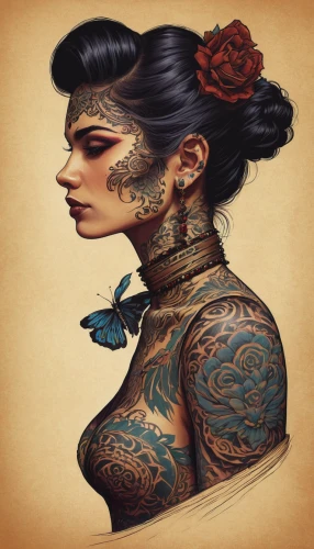 tattoo girl,painted lady,geisha girl,american painted lady,geisha,tattoo expo,tattoos,tattooed,tattoo artist,vanessa (butterfly),watercolor pin up,oriental girl,victorian lady,fantasy portrait,oriental princess,with tattoo,cupido (butterfly),tattoo,fantasy art,oriental painting,Conceptual Art,Daily,Daily 02