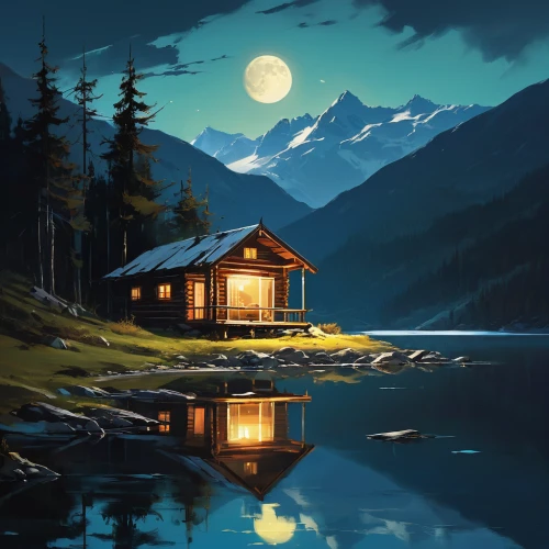 the cabin in the mountains,house with lake,small cabin,summer cottage,lonely house,cottage,home landscape,log home,moonlit night,landscape background,evening lake,house by the water,house in mountains,floating huts,log cabin,house in the mountains,houseboat,tranquility,world digital painting,little house,Conceptual Art,Fantasy,Fantasy 06