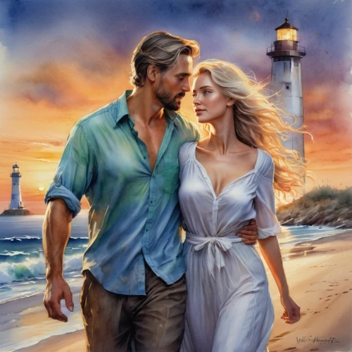 romantic portrait,romance novel,romantic scene,fantasy picture,shepherd romance,romantic look,lighthouse,beautiful couple,seafaring,beach background,watercolor background,honeymoon,light house,sea breeze,man and wife,by the sea,loving couple sunrise,guiding light,the wind from the sea,vintage man and woman,Conceptual Art,Oil color,Oil Color 03