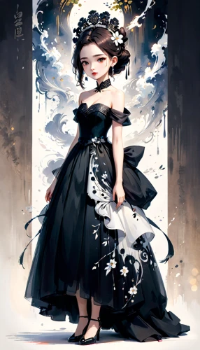 gothic dress,black and dandelion,gothic fashion,fairy queen,mystical portrait of a girl,white rose snow queen,queen of the night,flower girl,fairy tale character,lady of the night,victorian lady,child fairy,flower fairy,crow queen,black rose,little girl fairy,hanbok,baroque angel,ball gown,a girl in a dress,Anime,Anime,Cartoon