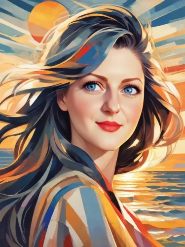 world digital painting,retro woman,digital painting,portrait background,vector art,vector illustration,fantasy portrait,vector girl,digital art,retro girl,cg artwork,girl on the boat,symetra,custom portrait,vector graphic,the wind from the sea,aquarius,girl on the river,painting technique,the sea maid