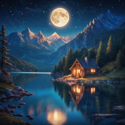 moonlit night,landscape background,fantasy picture,home landscape,the cabin in the mountains,house with lake,lonely house,fantasy landscape,night scene,moon and star background,world digital painting,moonlit,beautiful landscape,moonlight,cottage,landscapes beautiful,dream world,small cabin,log cabin,full moon,Illustration,Realistic Fantasy,Realistic Fantasy 02