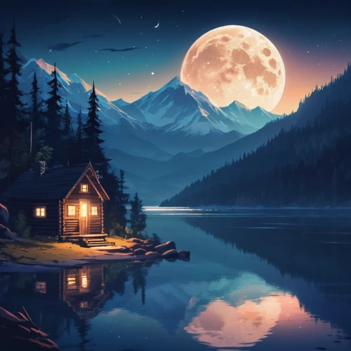 moonlit night,landscape background,moonrise,moonlit,moon and star background,the cabin in the mountains,moonlight,night scene,home landscape,hanging moon,world digital painting,lonely house,full moon,fantasy landscape,fantasy picture,tranquility,evening lake,moonshine,small cabin,moon night,Conceptual Art,Fantasy,Fantasy 02