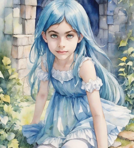alice,watercolor blue,watercolor background,fae,watercolor,child fairy,bluebell,fairy tale character,watercolor painting,frula,little girl fairy,cinderella,child girl,winterblueher,watercolor paint,child portrait,anime girl,watercolor pencils,piko,fantasia