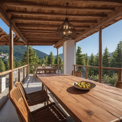 wooden decking,wood deck,the cabin in the mountains,chalet,wooden beams,wooden roof,house in the mountains,house in mountains,outdoor table,wooden windows,veranda,timber house,alpine style,holiday villa,wooden house,outdoor table and chairs,log home,wooden floor,mountain hut,wood window,Photography,General,Realistic